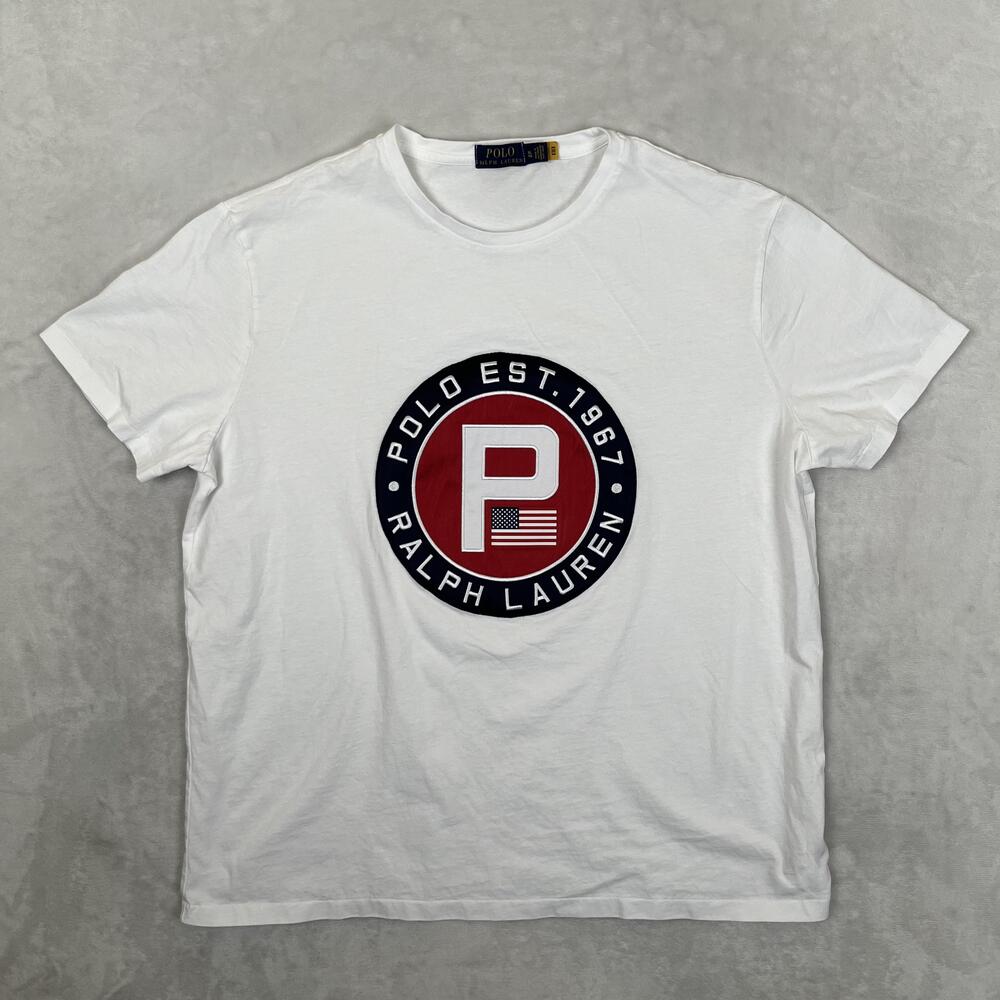 Polo Ralph Lauren T-Shirt Mens XL White Polo Est 1967 USA Flag Logo Graphic Tee